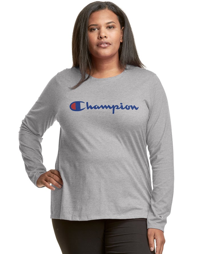 Champion Plus Classic Long-Sleeve Script Logo T-Shirt Dames - Grijs - Belgie 0496EYLXV